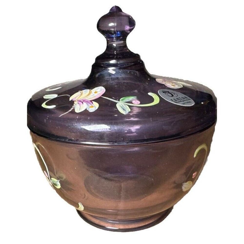 Fenton Amethyst Iridescent Hand Painted Floral Glass Lidded Candy Dish G Louise - Picture 4 of 7